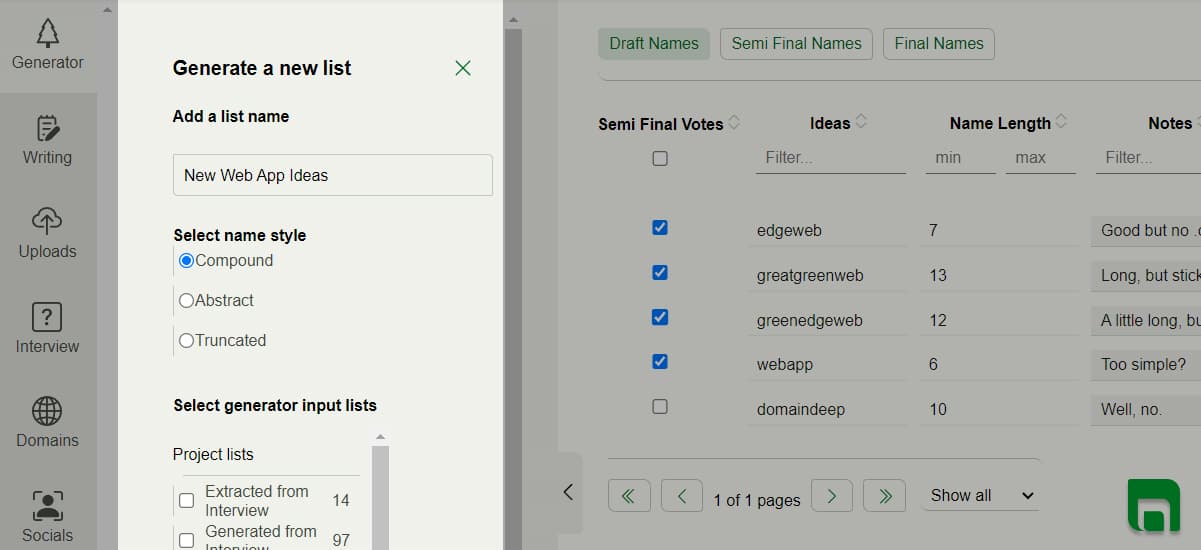 Screenshot of nameframe generator